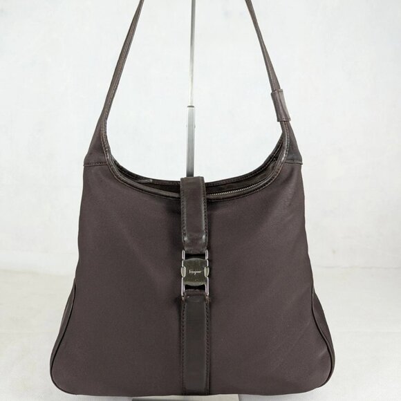 FERRAGAMO Vara Bow Solid Knit Nylon Designer Formal Medium Brown Hobo Charm BAG - Picture 1 of 16